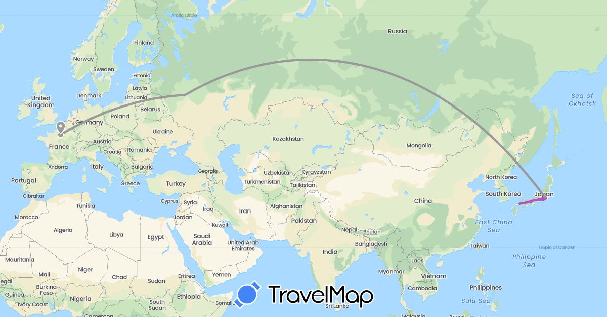 TravelMap itinerary: plane, train, boat in France, Japan, Russia (Asia, Europe)