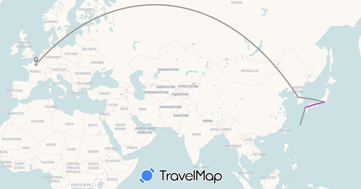 TravelMap itinerary: bus, plane, train in France, Japan, South Korea (Asia, Europe)