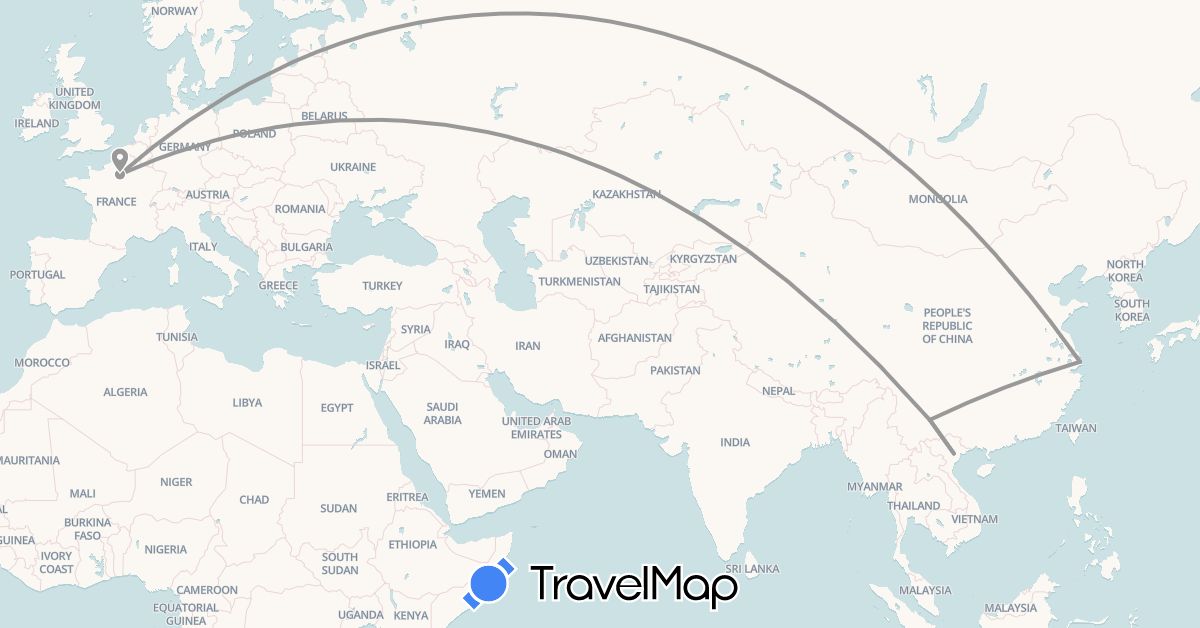 TravelMap itinerary: driving, plane in China, France, Vietnam (Asia, Europe)